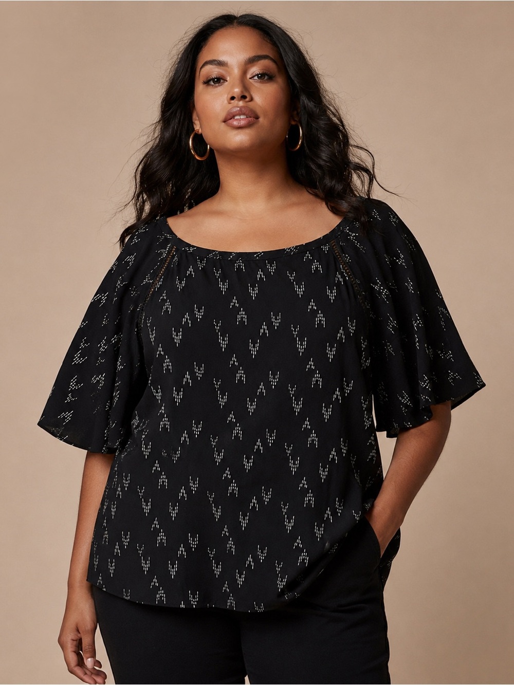 Ava & Viv Black Ikat Print Flutter Sleeve Blouse Plus Size 3X Boho Top